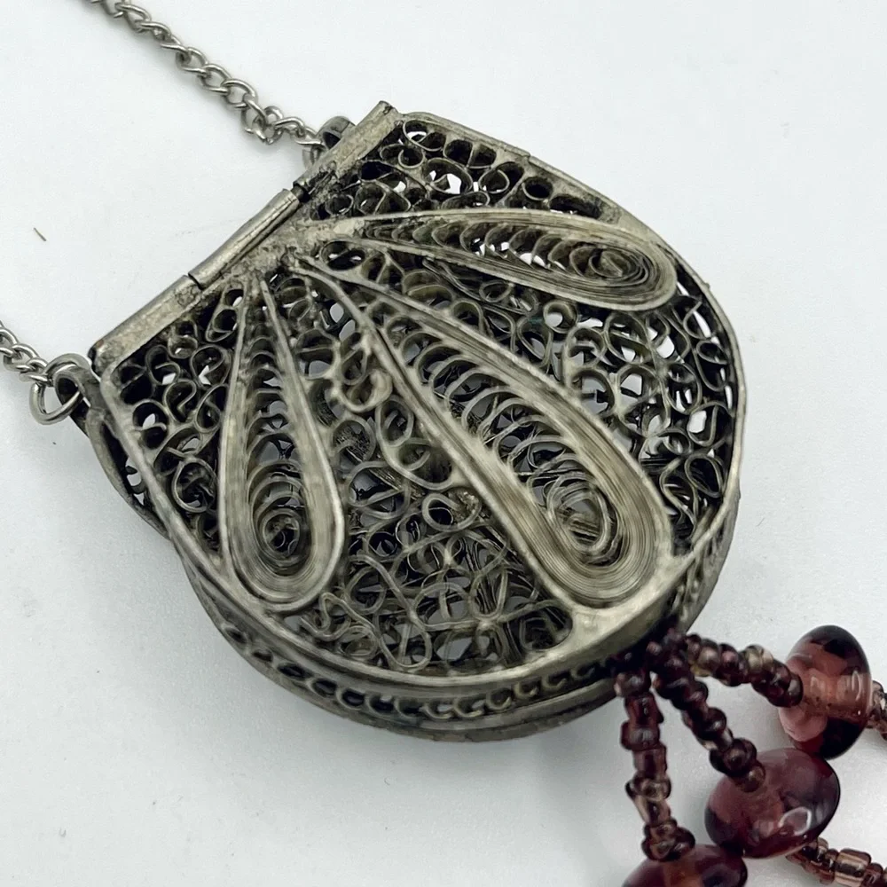 Antique Silver Filigree Purse Pendant Necklace With Amethyst Accents - Picture 13 of 15